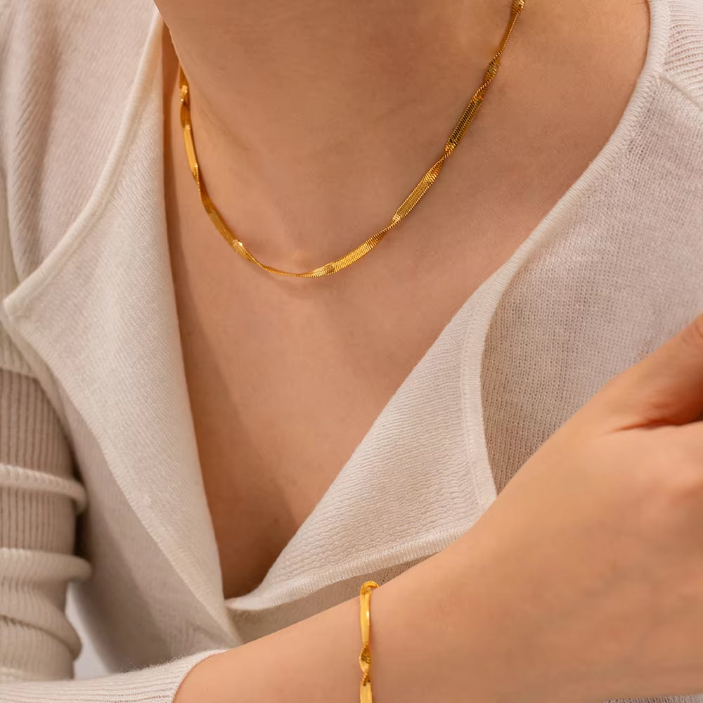 Minimalism 18K Gold Plated Stainless Steel Necklace Jewelry Set 3Mm Twist Snake Chain Bracelet for Women